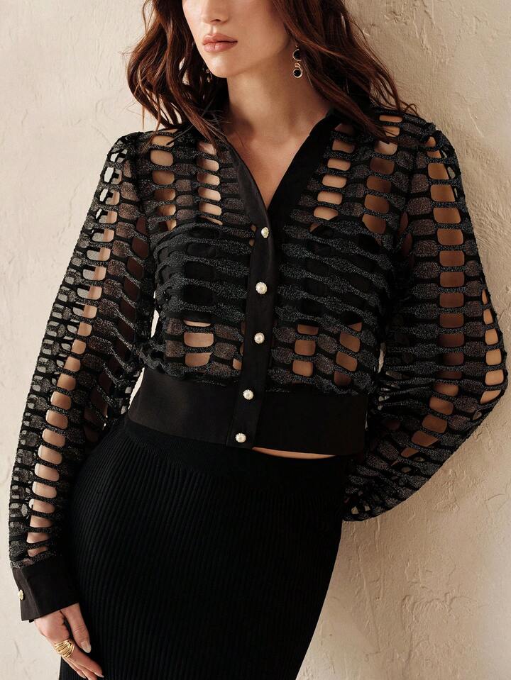 CM-TS682128 Women Casual Seoul Style Collared Hollow Out Pearl Button Design Long Sleeve Blouse - Black