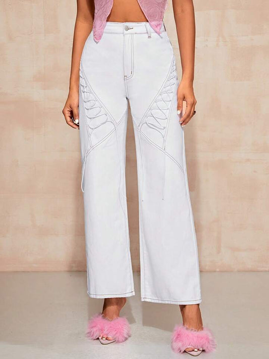 CM-BS494099 Women Casual Seoul Style Lace Up Front Loose Wide Leg Jeans - White