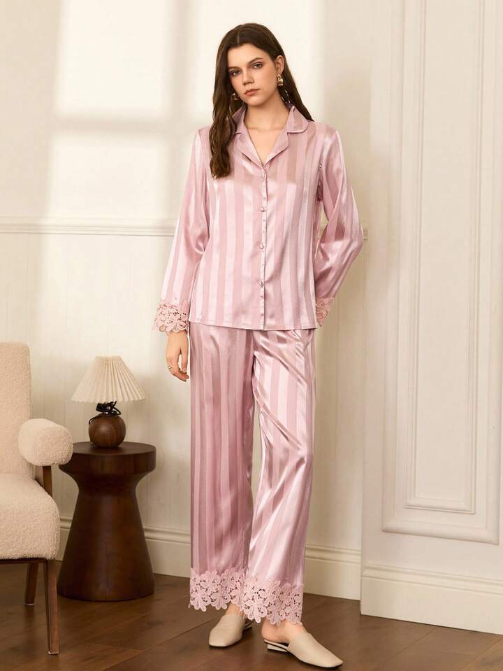CM-LS335721 Women Trendy Seoul Style Lace Collar Striped Satin Lapel Long Sleeve Pajama Set - Pink