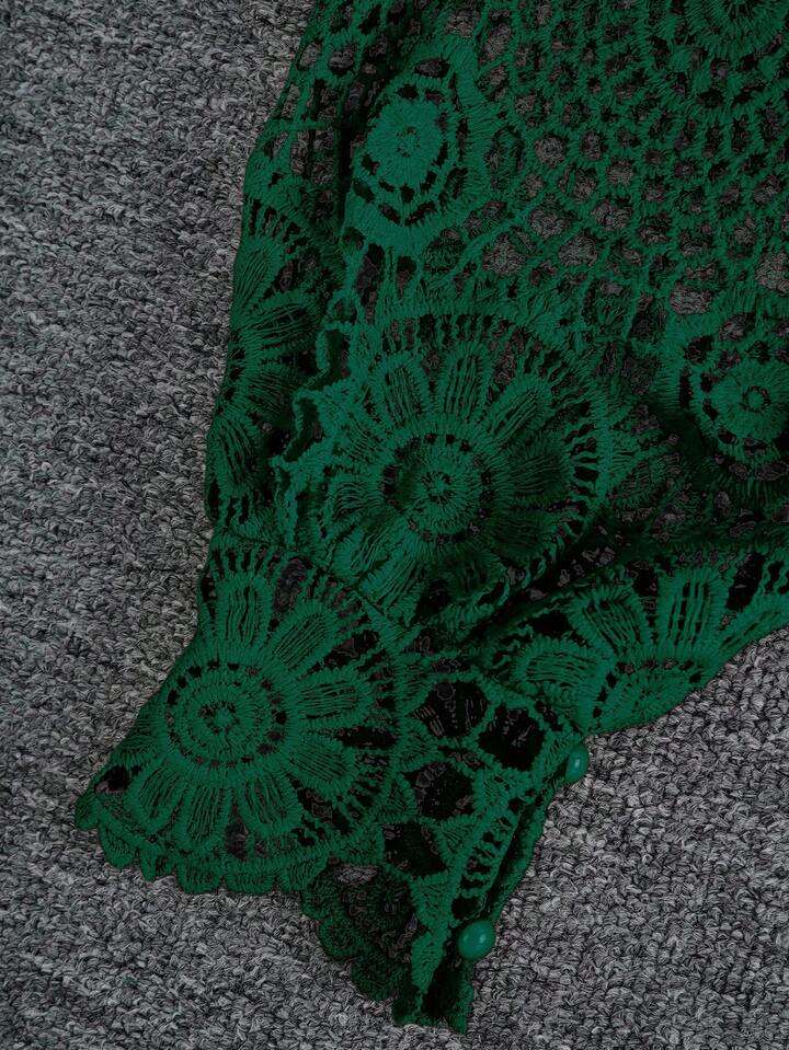 CM-TS166566 Women Casual Seoul Style Floral Lace Hollow Zipper Front Long Sleeve Blouse - Dark Green