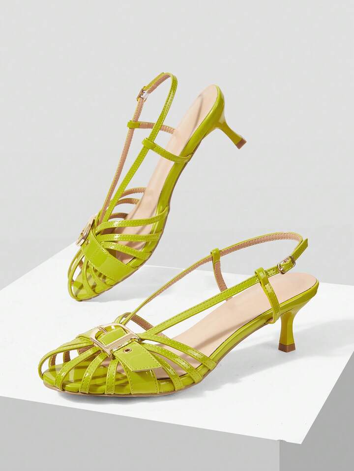 CM-SHS446705 Women Trendy Seoul Style Hollow Out Slingbacks Mid Heel Sandals - Light Green