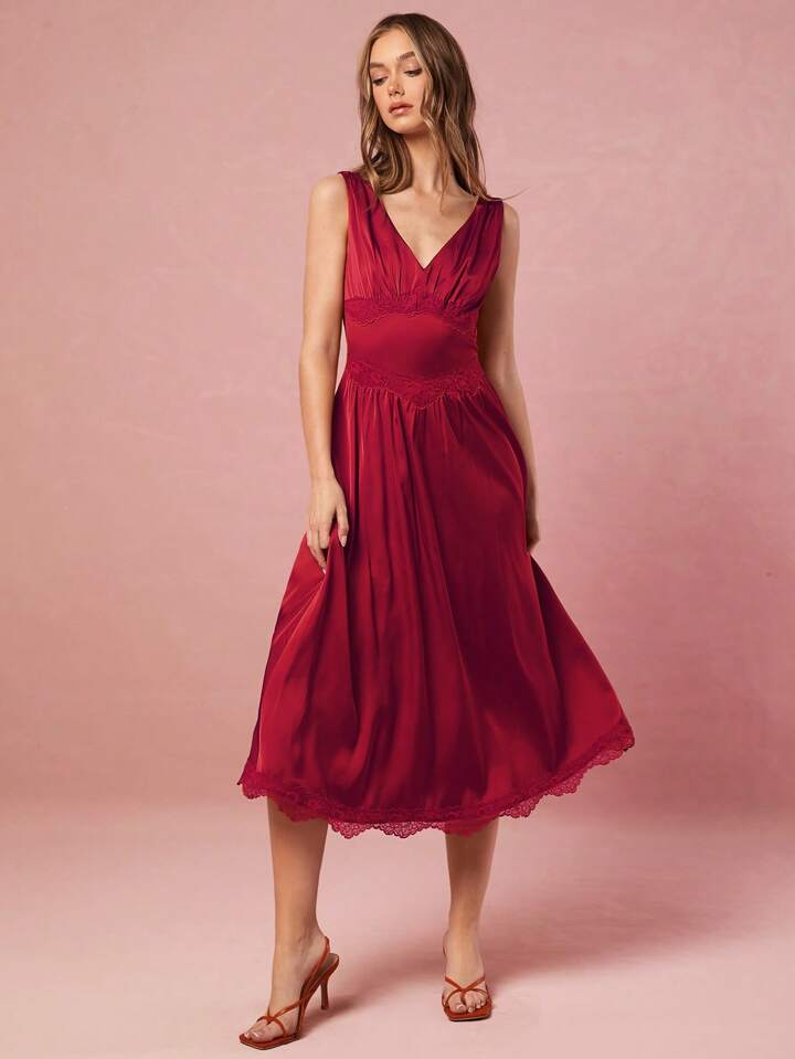 CM-DS244034 Women Elegant Seoul Style V-Neck Sleeveless Lace Patchwork High Waist Midi Dress - Red