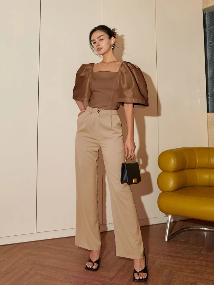 CM-TS715999 Women Elegant Seoul Style Puff Sleeve Square Neck Blouse - Coffee Brown