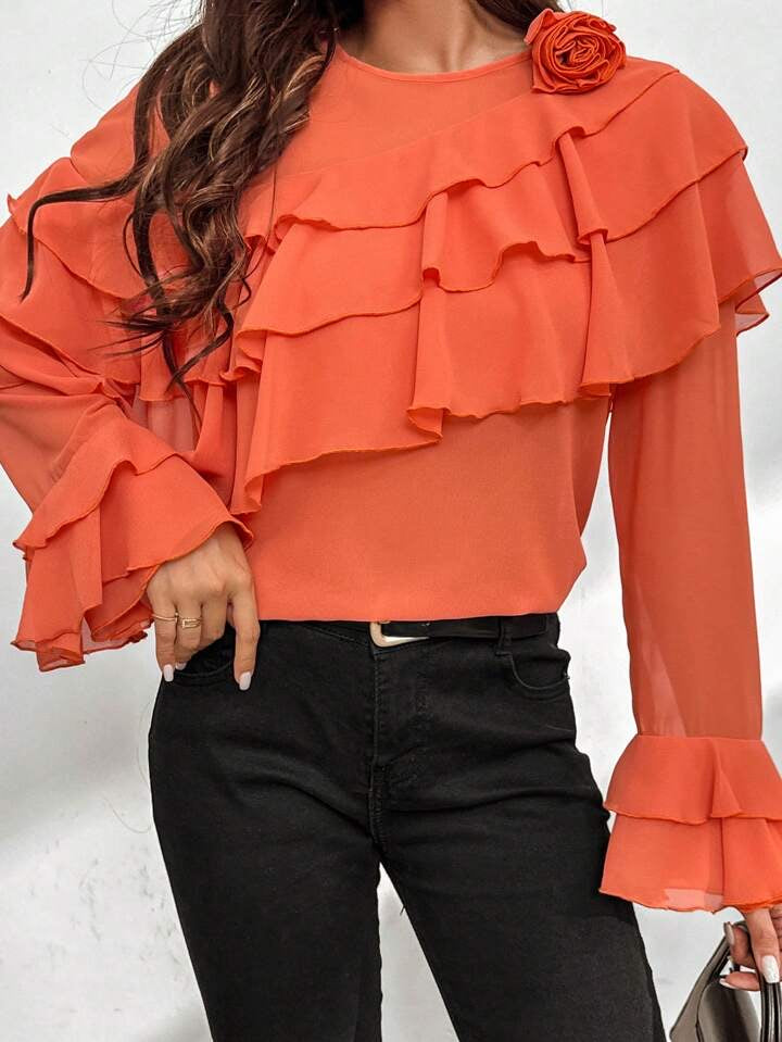 CM-TS831955 Women Elegant Seoul Style 3D Floral Decorated Ruffle Trim Blouse - Orange