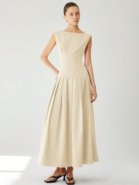 CM-DS726755 Women Elegant Seoul Style Sleeveless Cinched Waist Low Waist Pleated Ruffle Hem Long Dress - Apricot