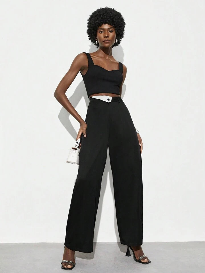 CM-BS867676 Women Elegant Seoul Style Colorblock Asymmetrical High Waist Pants - Black