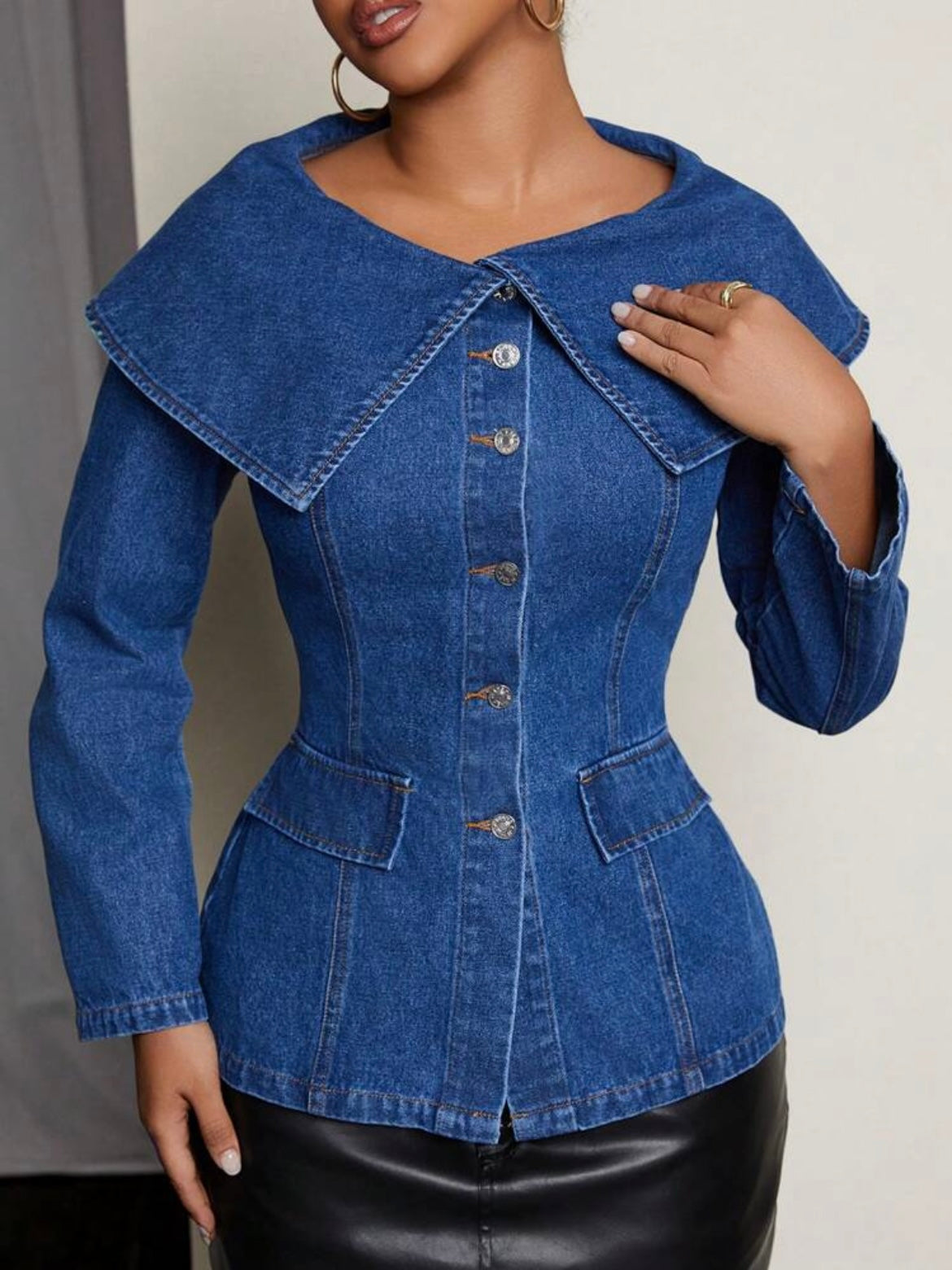 CM-TS433633 Women Elegant Seoul Style Peter Pan Collar Single Breasted Long Sleeve Denim Blouse