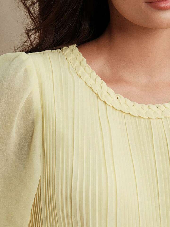 CM-TS652461 Women Elegant Seoul Style Cable Knit Round Neck Pleated Lantern Sleeve Slim Fit Blouse - Yellow