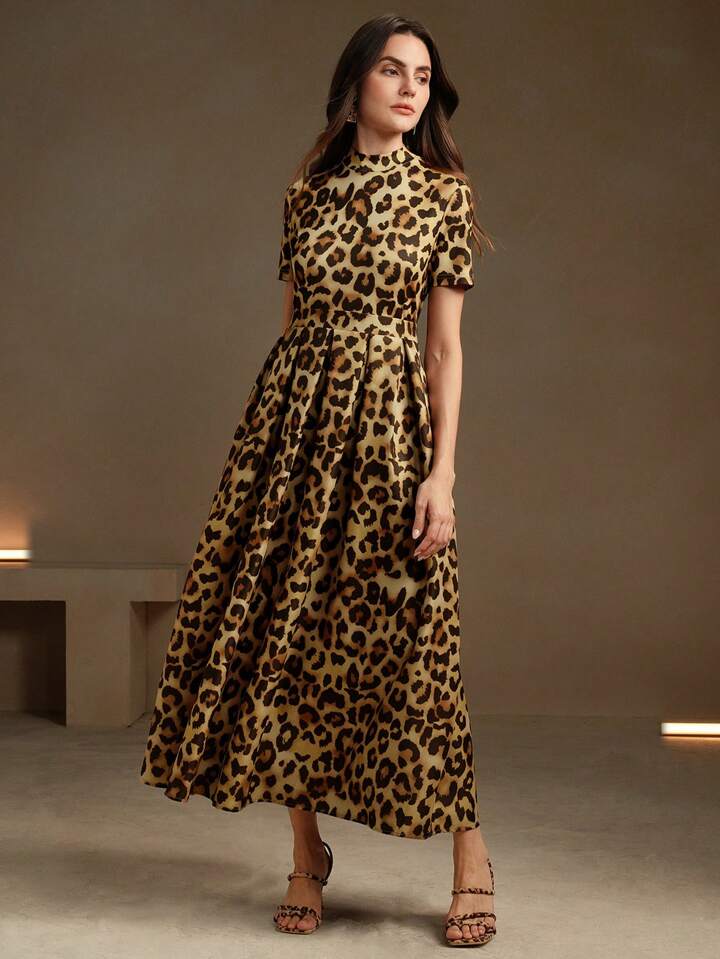 CM-DS457520 Women Elegant Seoul Style Leopard Print Stand Collar Short Sleeve Midi Dress - Coffee
