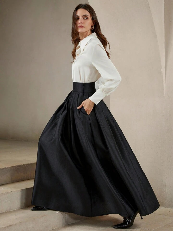 CM-BS549896 Women Elegant Seoul Style High Waisted Puff Pleated Long Skirt - Black