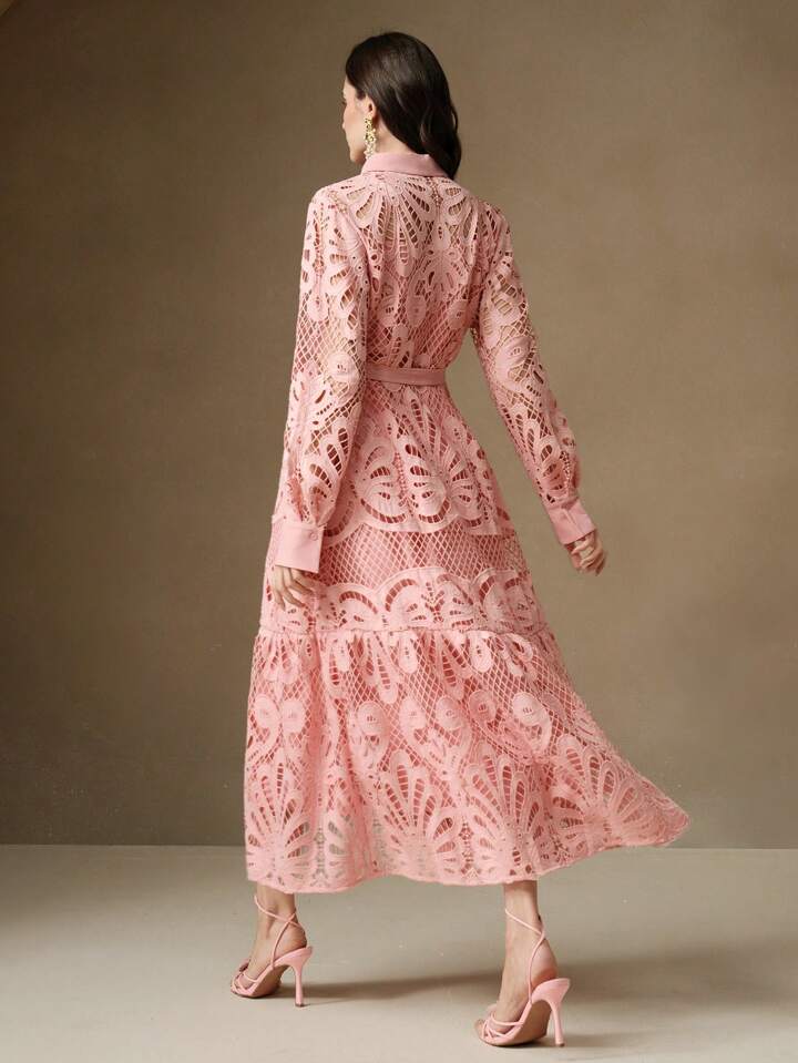 CM-DS992937 Women Elegant Seoul Style Solid Color Lace Embroidered Button-Up Empire Waist Dress