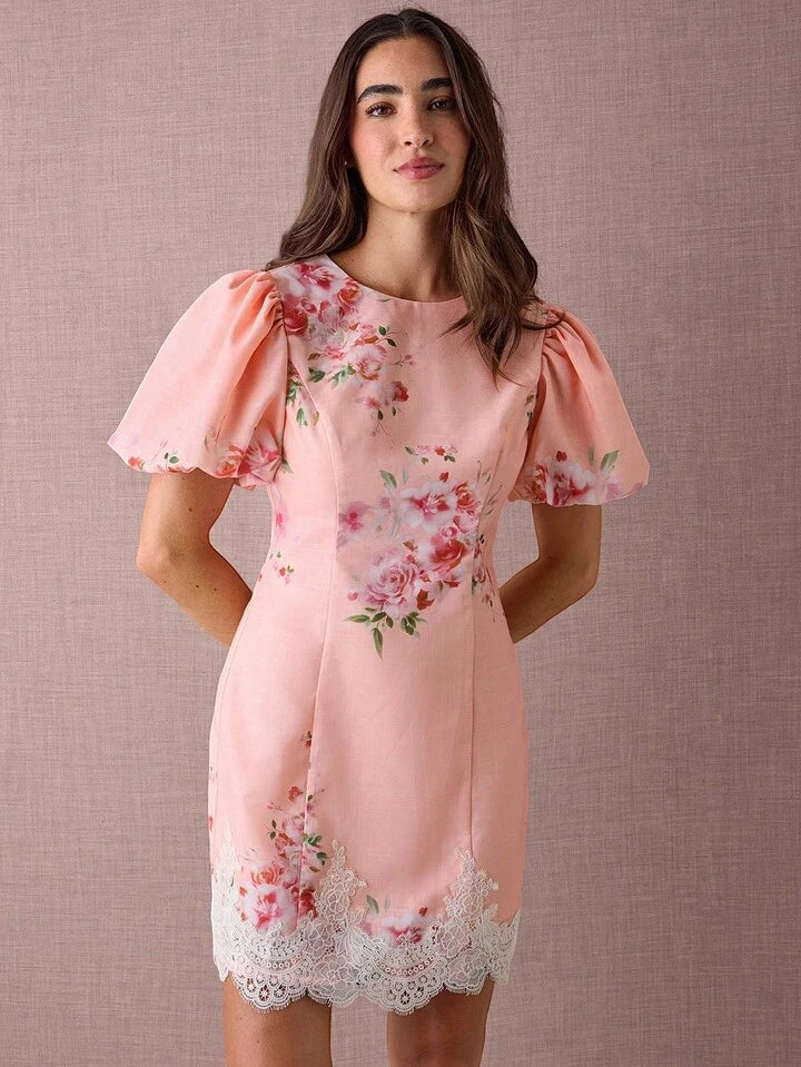 CM-DS460049 Women Elegant Seoul Style Floral Print Round Neck Puff Sleeve Lace Hem Mini Dress - Pink