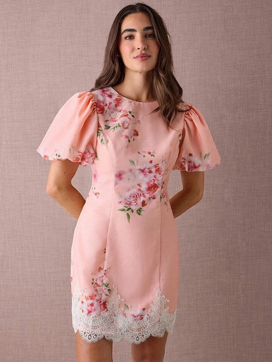 CM-DS460049 Women Elegant Seoul Style Floral Print Round Neck Puff Sleeve Lace Hem Mini Dress - Pink