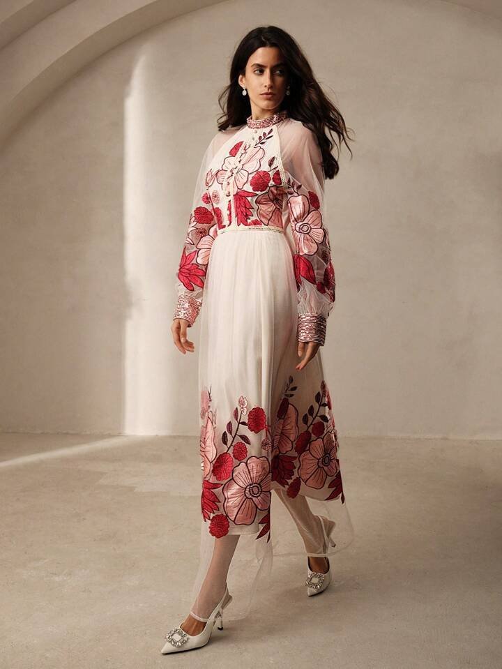 CM-DS065061 Women Trendy Bohemian Style Floral Embroidery Sequin Lace Border Maxi Dress