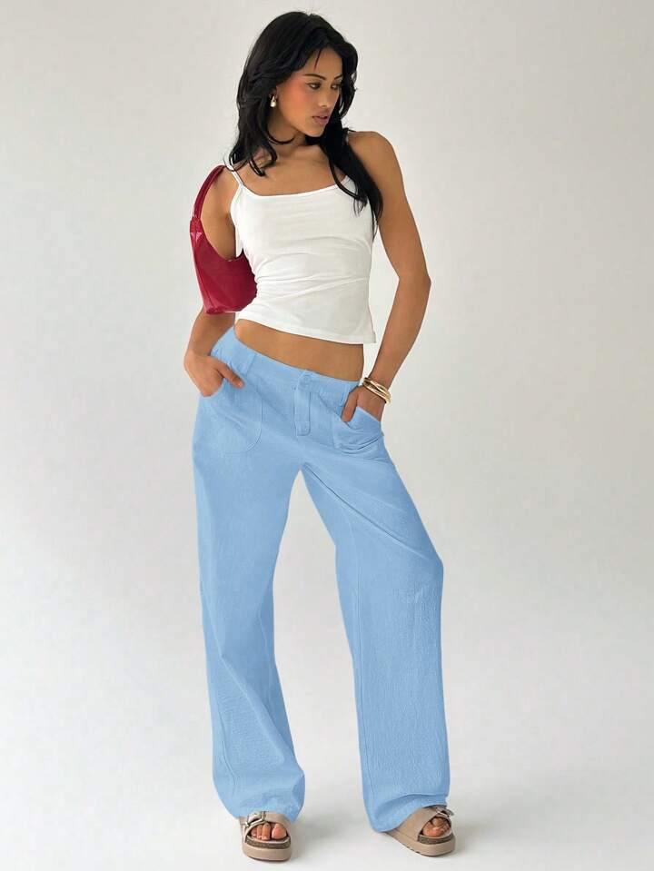 CM-BS214435 Women Casual Seoul Style Solid Color Low Waist Loose Straight Leg Pants - Blue