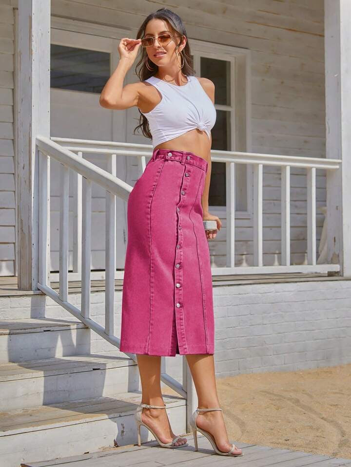 CM-BS971816 Women Casual Seoul Style Solid Button Front Denim Skirt - Hot Pink