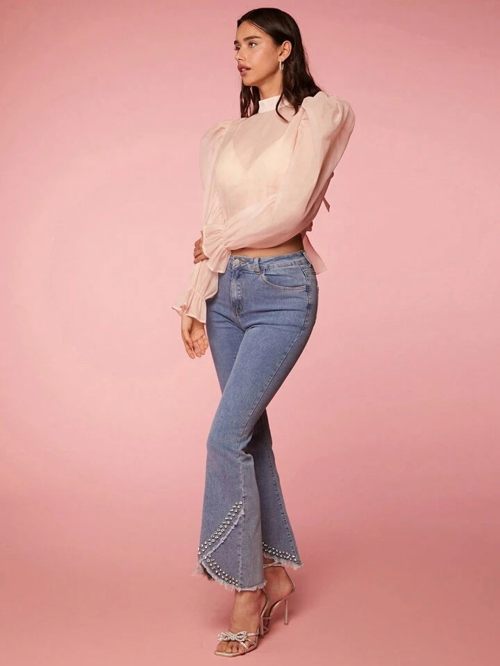 CM-TS444578 Women Casual Seoul Style Woven Back Bow Tie Puff Sleeve Shirt - Dusty Pink