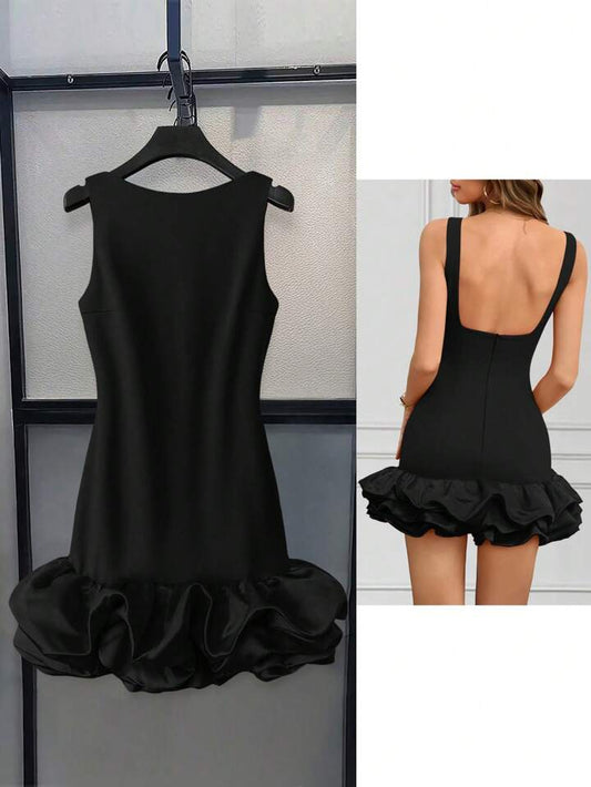 CM-DS349834 Women Elegant Seoul Style Round Neck Sleeveless Ruffle Hem Short A-Line Dress - Black