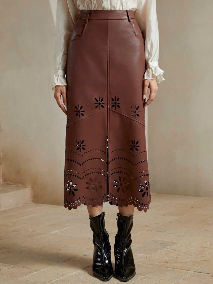 CM-BS336666 Women Elegant Seoul Style  PU Leather Midi A-Line Skinny Skirt - Coffee