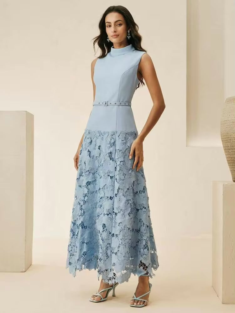 CM-DS725725 Women Elegant Seoul Style Stand Collar Sleeveless 3D Floral Design A-Line Long Dress - Blue