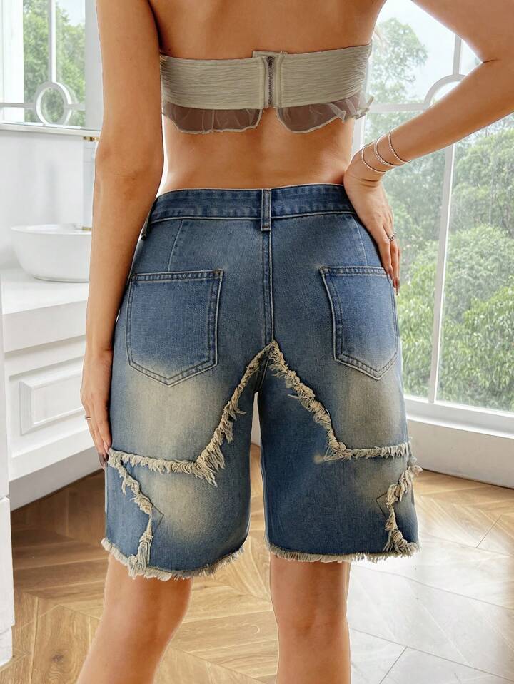 CM-BS205510 Women Casual Seoul Style Patchwork Frayed Hem Bermuda Denim Shorts - Blue