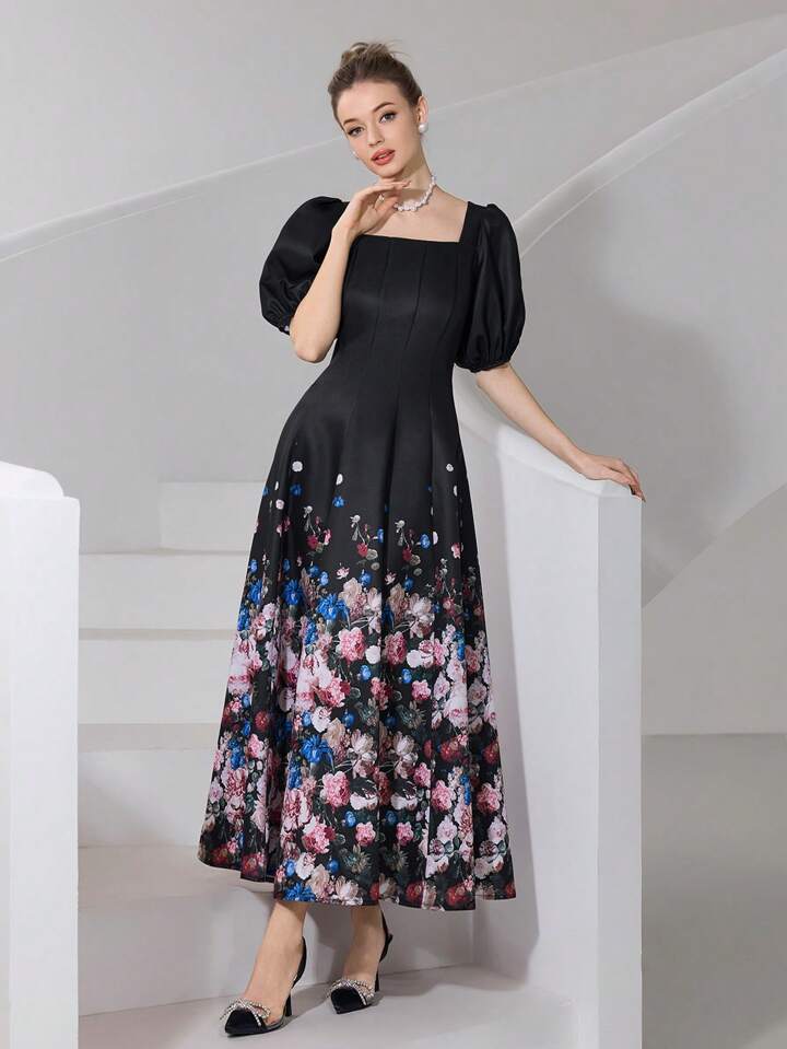CM-DS656340 Women Elegant Seoul Style Square Neck Puff Sleeve Floral Print Midi Dress - Black