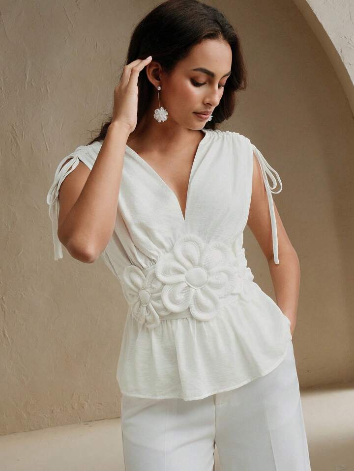 CM-TS156696 Women Elegant Seoul Style 3D Floral Tie Front Sleeveless Ruched Top - White