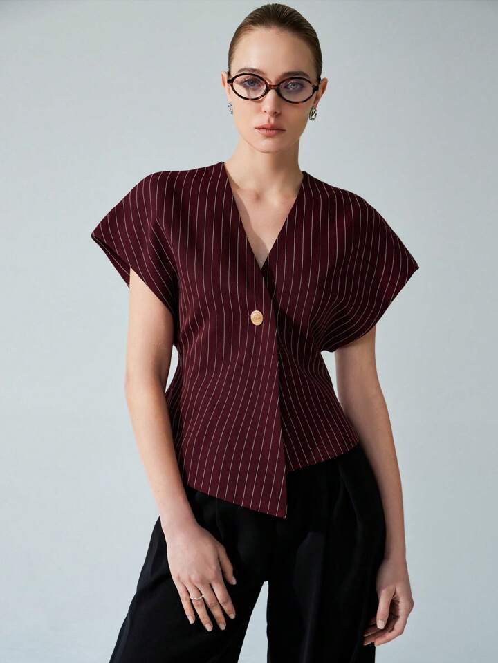CM-TS166179 Women Casual Seoul Style V-Neck Open Front Asymmetrical Hemline Sleeveless Blouse