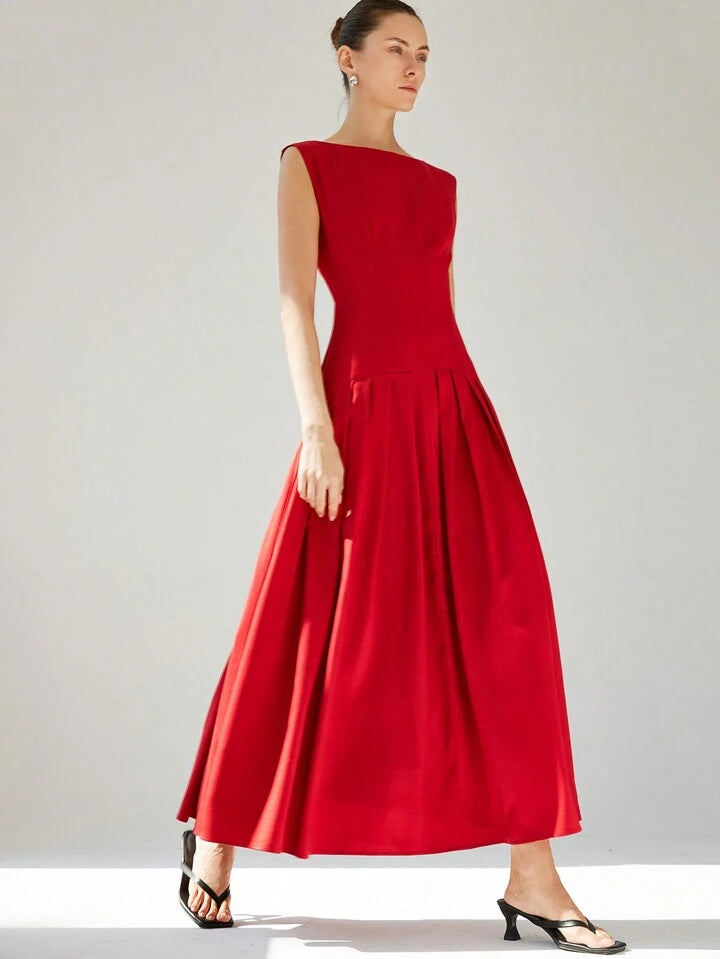 CM-DS552576 Women Elegant Seoul Style Sleeveless Cinched Waist Low Waist Pleated Ruffle Hem Long Dress - Red