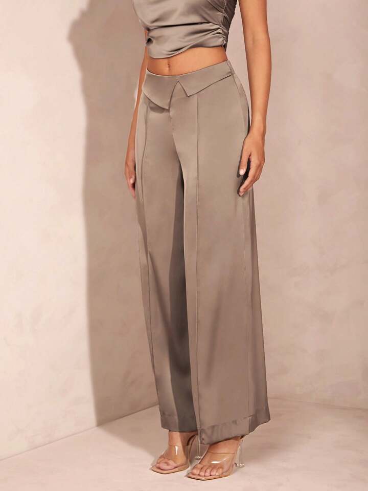 CM-BS689339 Women Elegant Seoul Style Flip-Up Satin Wide-Leg Straight Trousers - Dark Gray