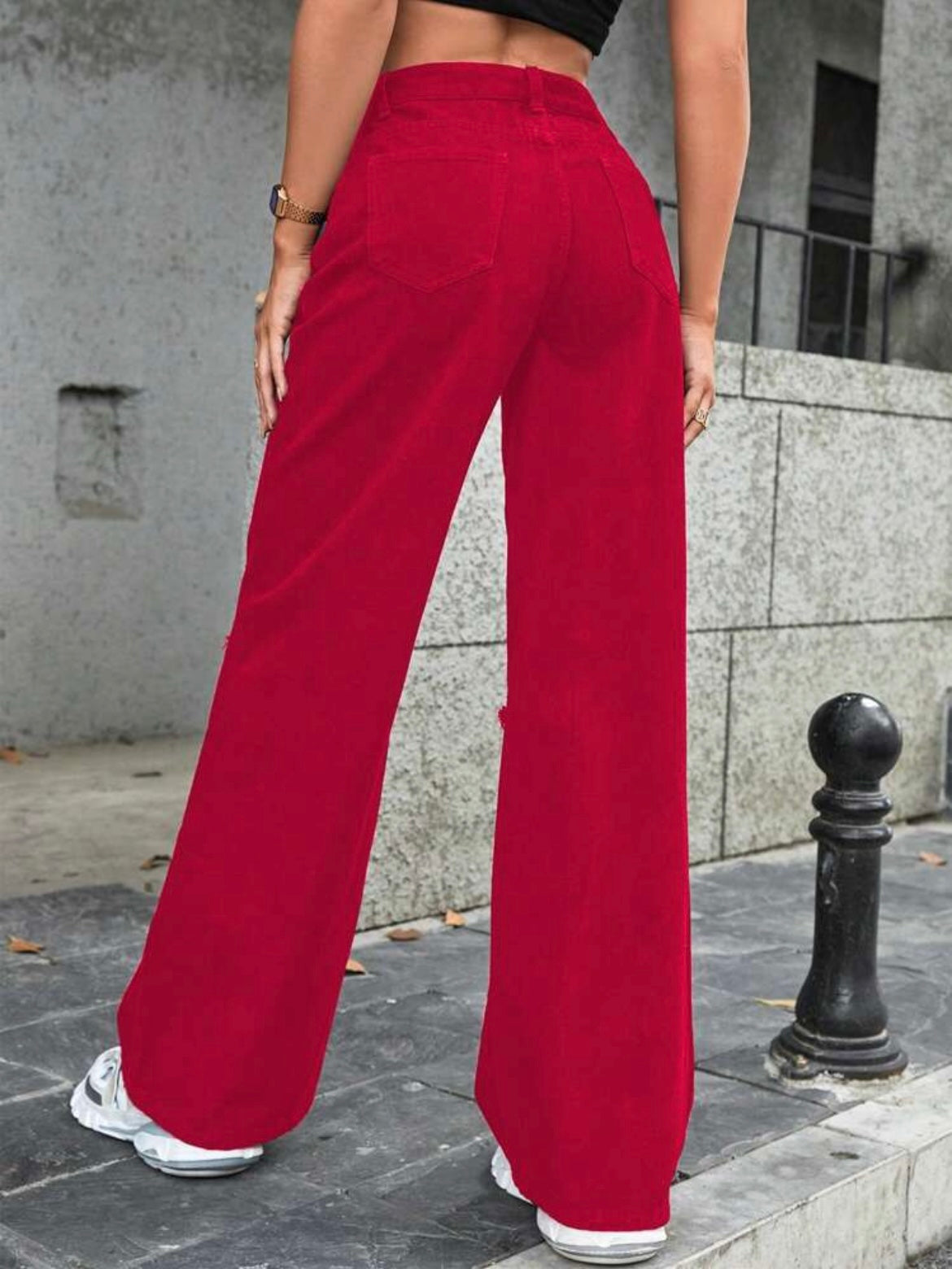 CM-BS161213 Women Casual Seoul Style High Waist Distressed Wide Leg Loose Denim Jeans - Red