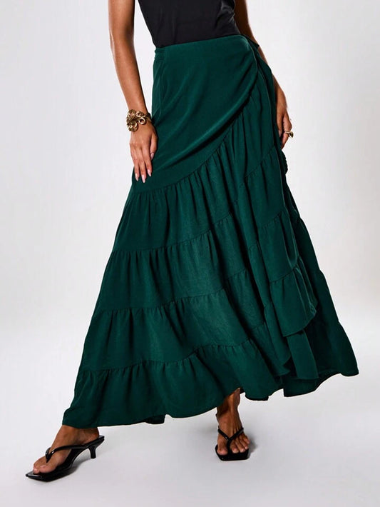 CM-BS301095 Women Trendy Bohemian Style Solid Drop Waist Ruffle Hem Maxi Skirt - Olive Green