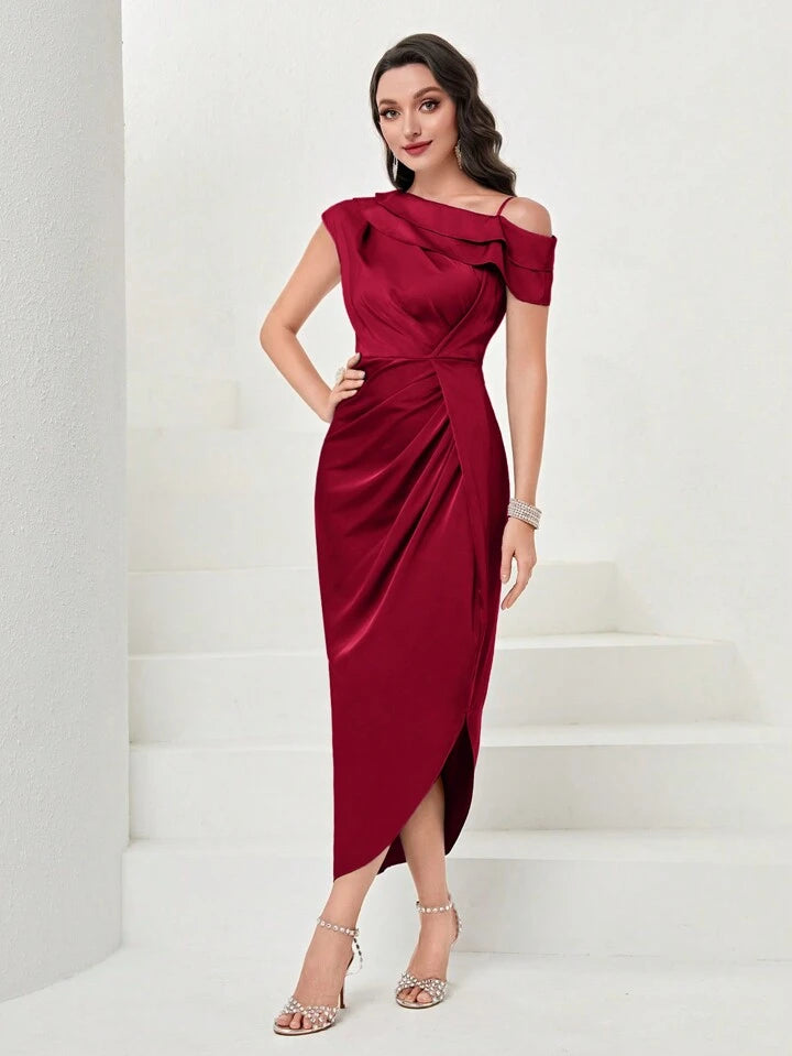 CM-DS660632 Women Elegant Seoul Style Asymmetric Neckline Waist-Cinched Ruffle Hem Dress
