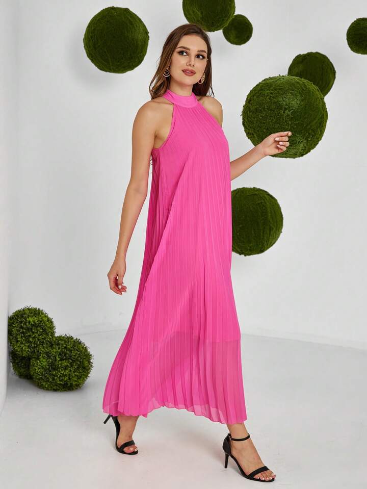 CM-DS373674 Women Casual Seoul Style Halter Neck Off Shoulder Pleated Maxi Dress - Hot Pink