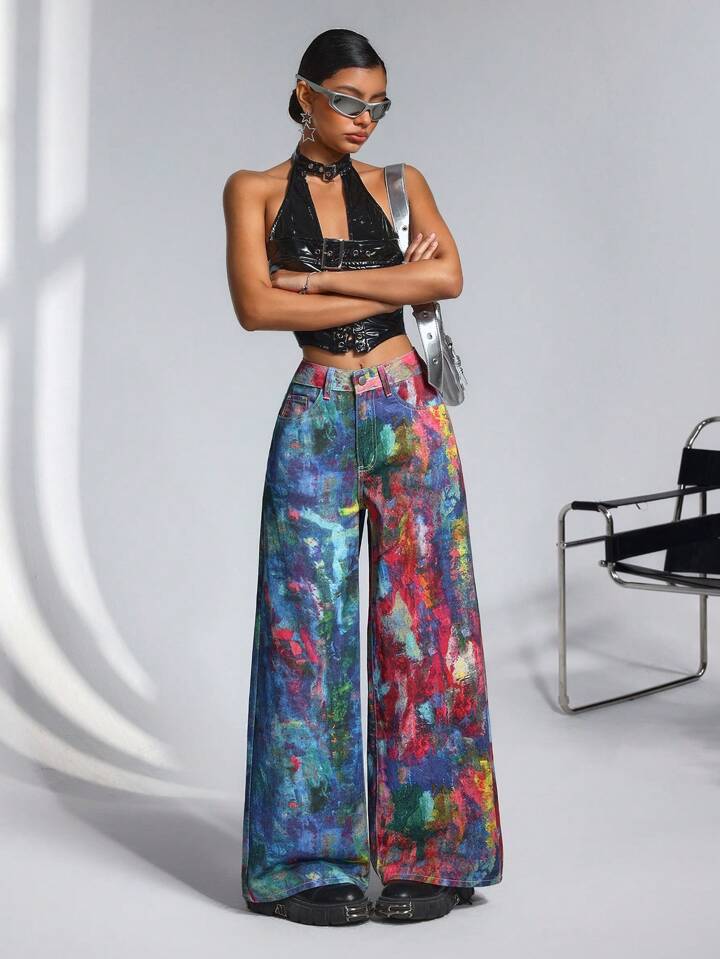 CM-BS865959 Women Casual Seoul Style Mid Waist Tie-Dye Print Extra Long Wide-Leg Jeans