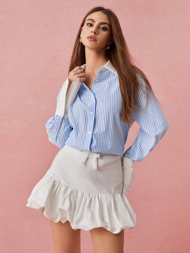 CM-TS919017 Women Casual Seoul Style Stripe Patchwork Collar Neckline Long Sleeve Blouse - Blue