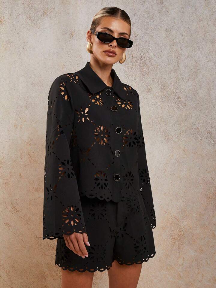 CM-SS040471 Women Elegant Seoul Style Laser Cut Long Sleeve Single-Breasted Blouse With Loose Shorts - Set