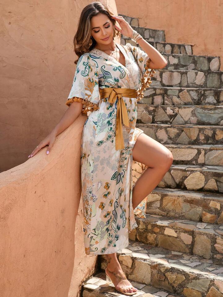 CM-DS080720 Women Trendy Bohemian Style V-Neck Paisley Print Fringed Hem Belted Dress - Apricot