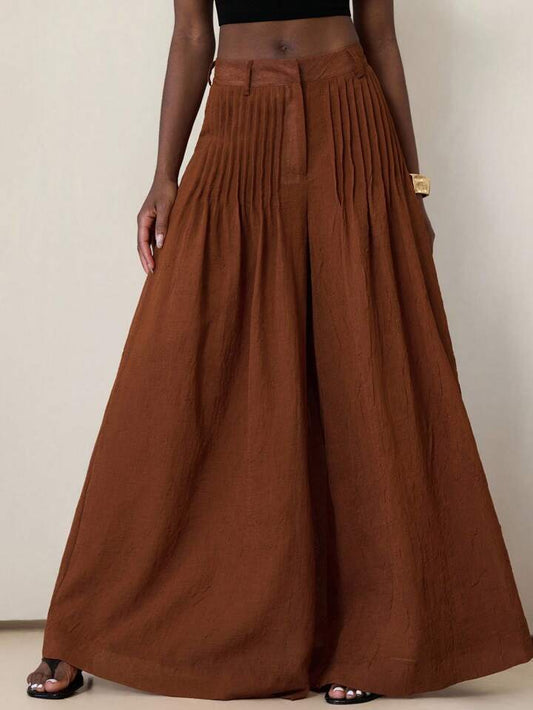 CM-BS194136 Women Casual Seoul Style Mid Elastic Waist Pleated Wide Leg Pants - Brown