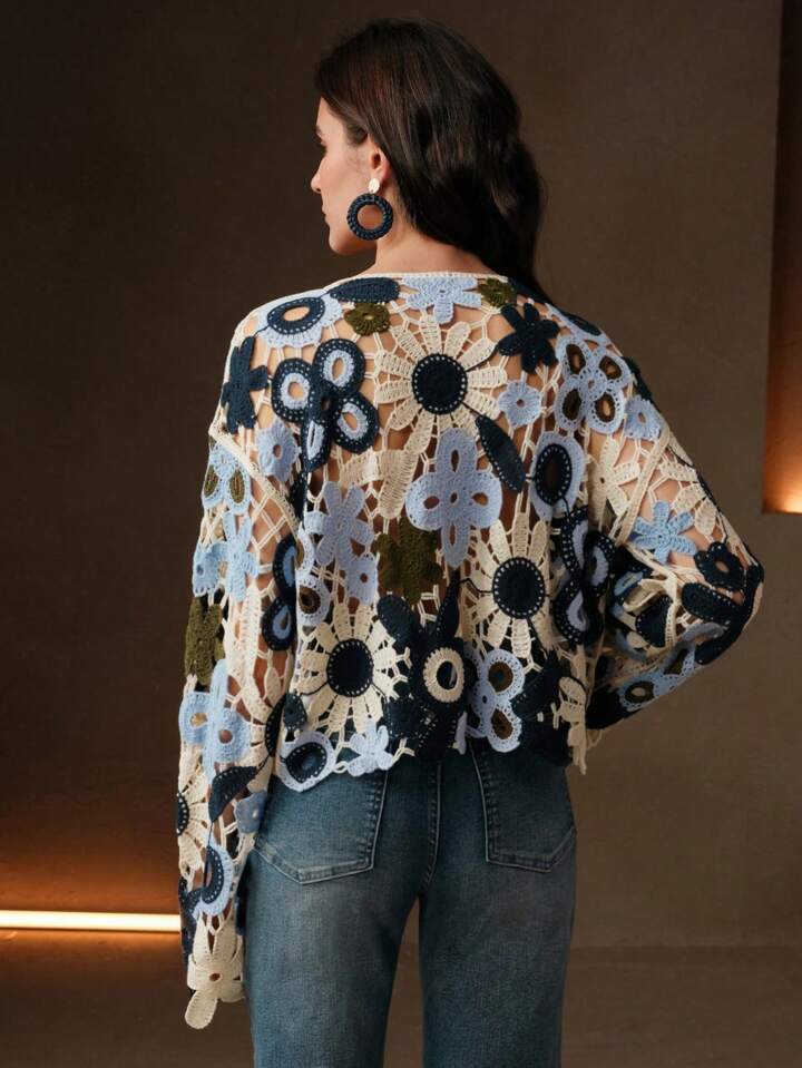 CM-CS203085 Women Trendy Bohemian Style Floral Hollow Out Knitted Long Sleeve Pullover Cover Up