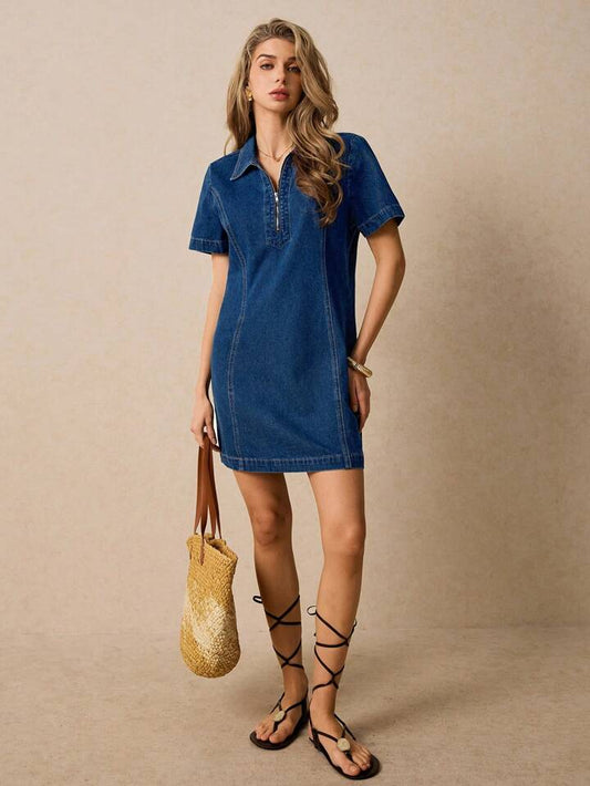 CM-DS770871 Women Casual Seoul Style Medium Wash Zipper Front Short Sleeves Shirt Collar Denim Dress