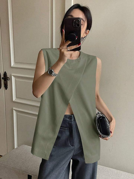 CM-TS250444 Women Casual Seoul Style Solid Color Wrap Side Slit Sleeveless Tank Top - Green