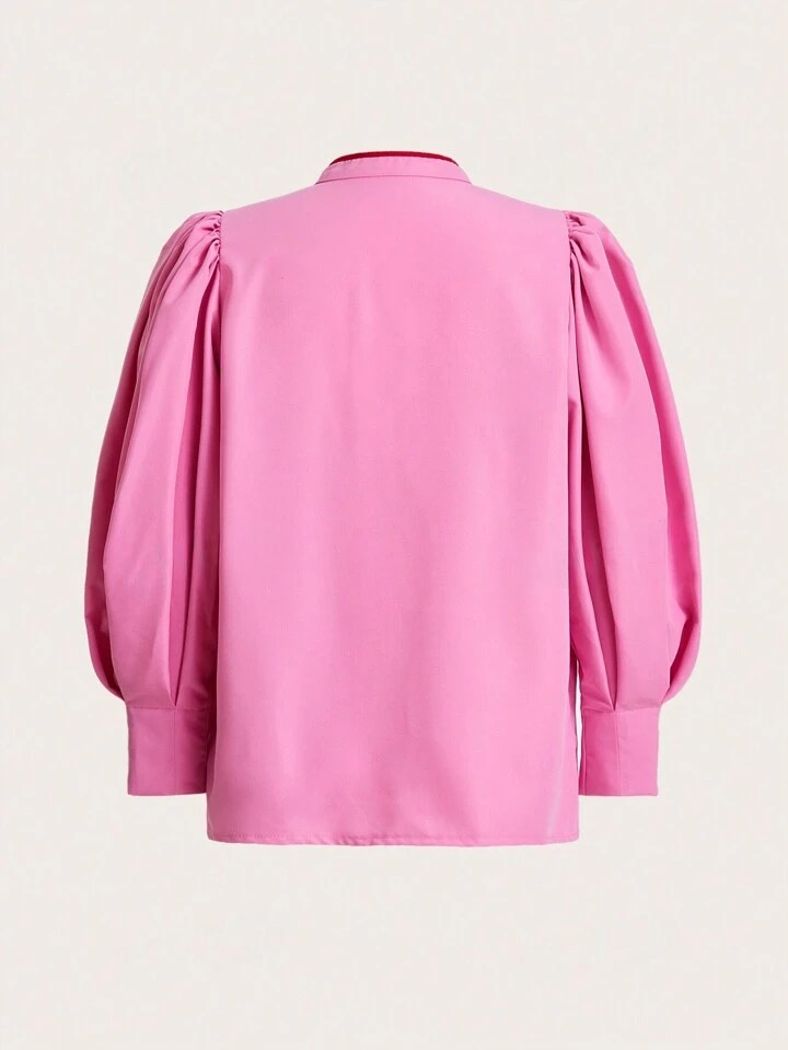 CM-TS326284 Women Elegnat Seoul Style Stand Collar Lantern Sleeve Bow Tie Ribbon Blouse - Pink