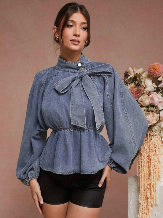 CM-TS532112 Women Casual Seoul Style Light Wash Bow Neck Tie Balloon Sleeve Peplum Denim Top