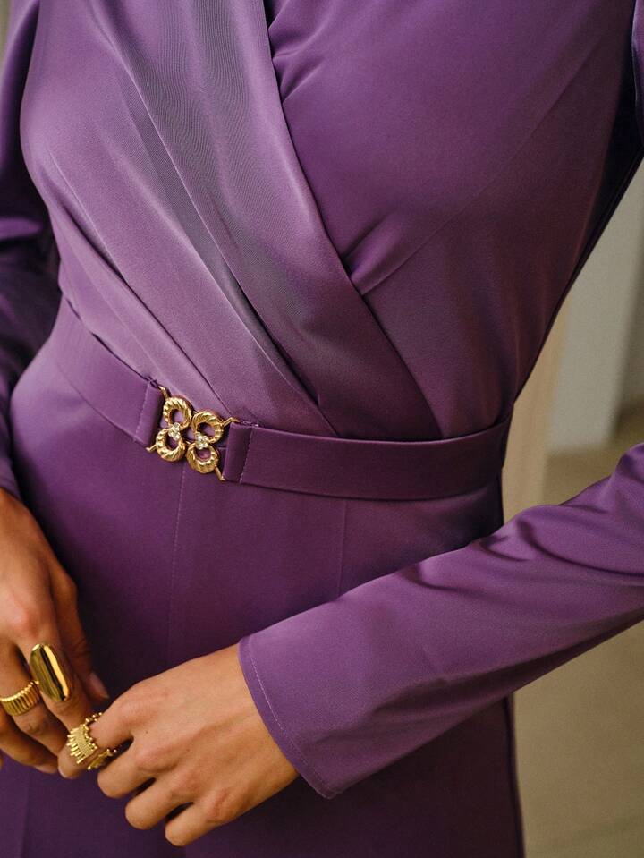 CM-JS525172 Women Elegant Seoul Style V-Neck Long Sleeve Satin Jumpsuit With Detachable Belt - Purple