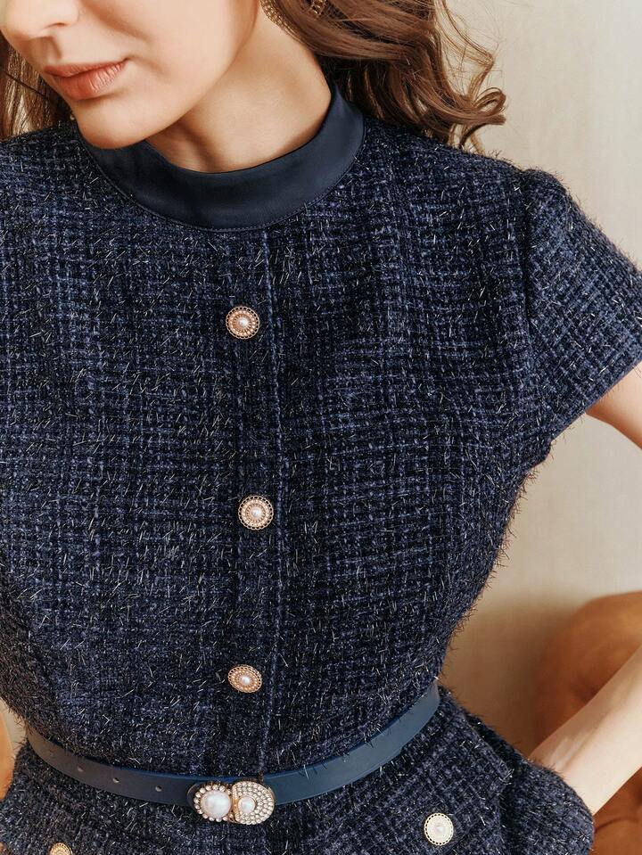 CM-DS706234 Women Elegant Seoul Style Stand Collar Short Sleeve Tweed Satin Patchwork Dress - Navy Blue