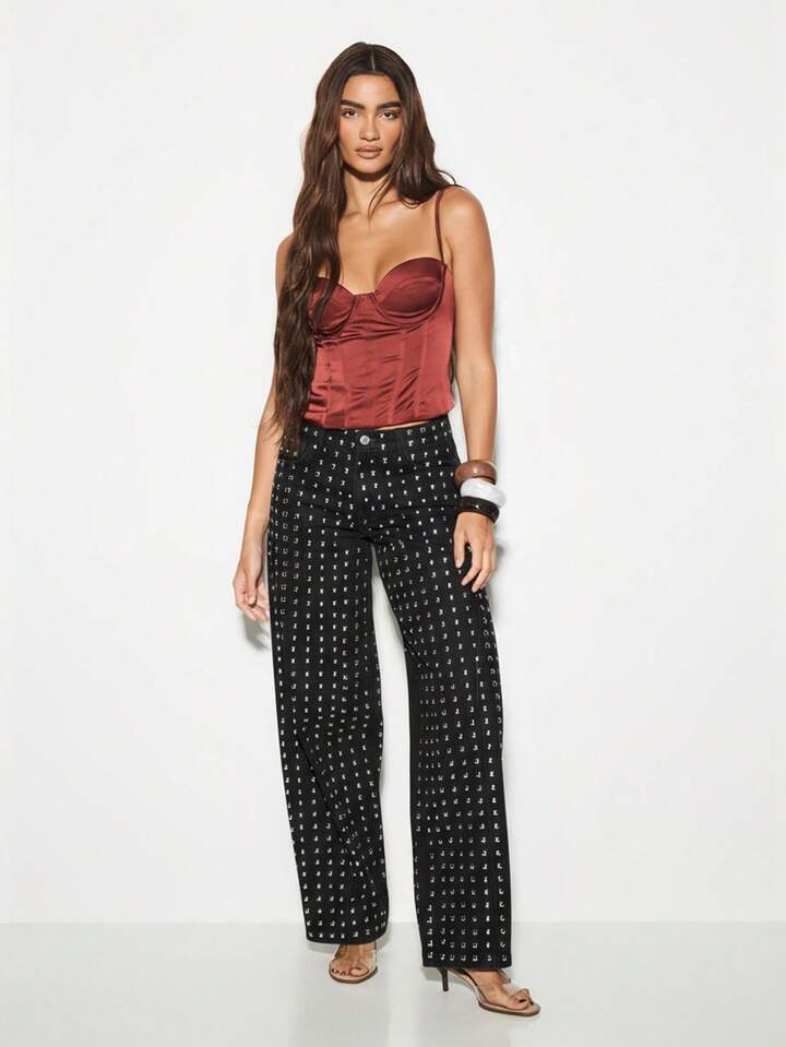 CM-BS956868 Women Casual Seoul Style High Waisted Metal Studs Wide Leg Palazzo Jeans - Black