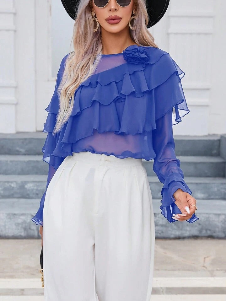 CM-TS826277 Women Elegant Seoul Style 3D Floral Decorated Ruffle Trim Blouse - Blue