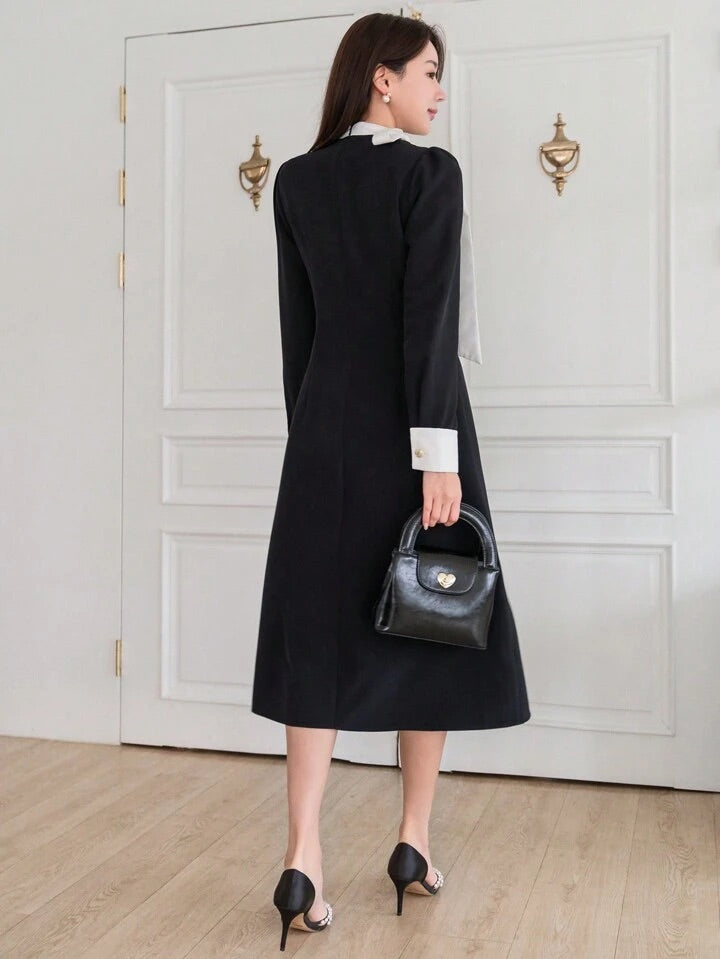 CM-DS713415 Women Elegant Seoul Style Round Neck Colorblock Collar Long Sleeve Dress - Black