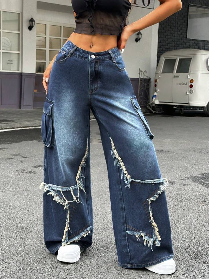 CM-BS669664 Women Casual Seoul Style Dark Wash Star Patch Loose Fit Wide Leg Jeans
